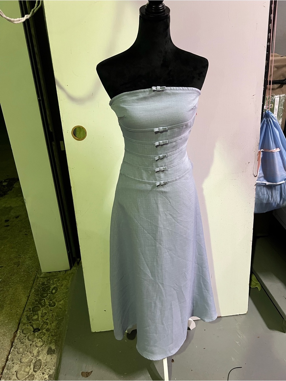 Altar'd State Strapless Powder Blue Midi Dress with Front bows. SIDE ZIPPER NWT